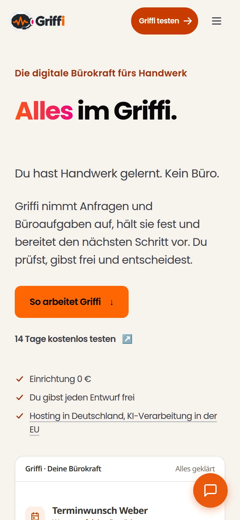 Dieselbe Startseite von griffi.ai auf dem Handy.