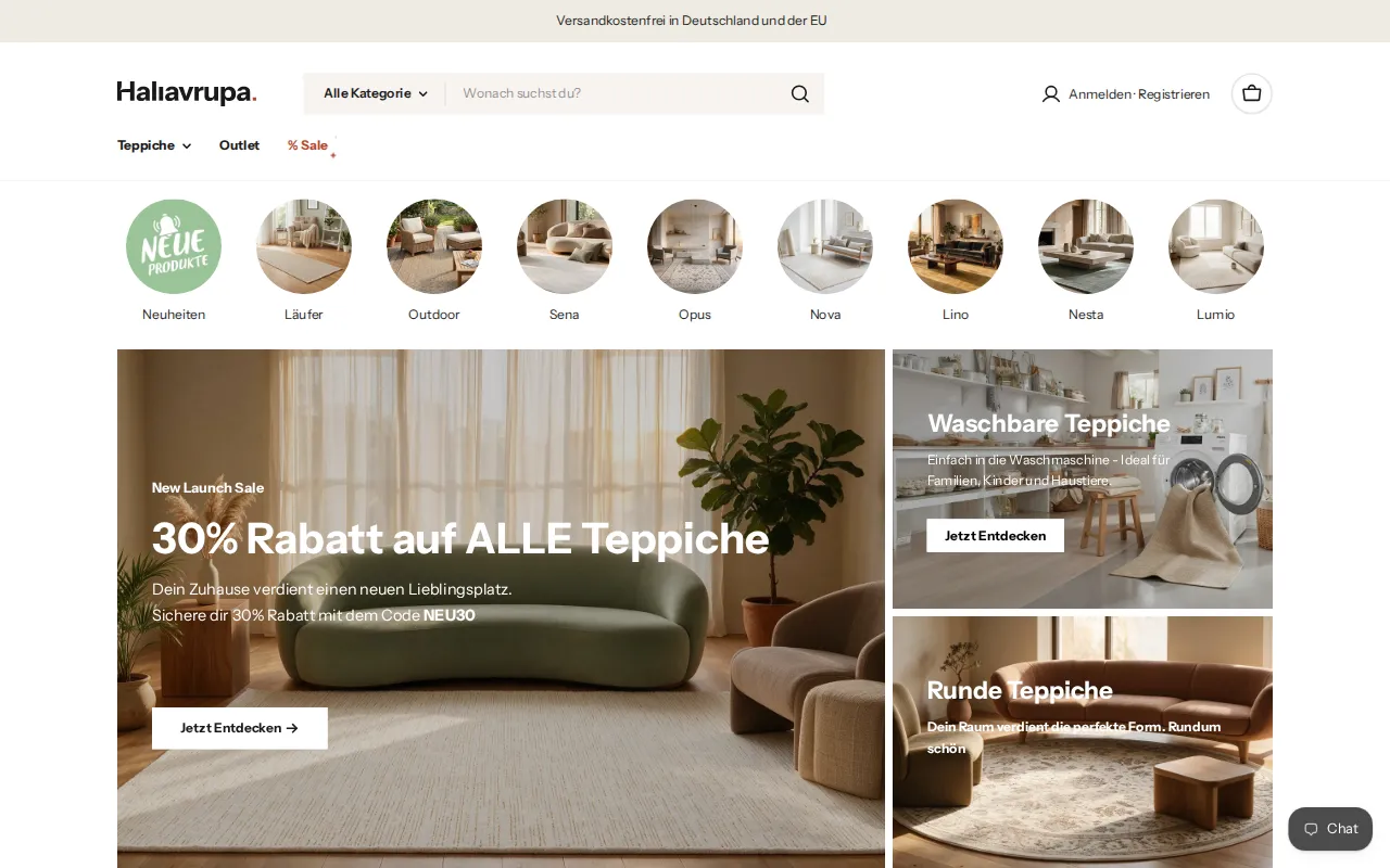 Startseite von haliavrupa.com mit Teppichkollektionen, Produktsuche und Wohnraumbildern.