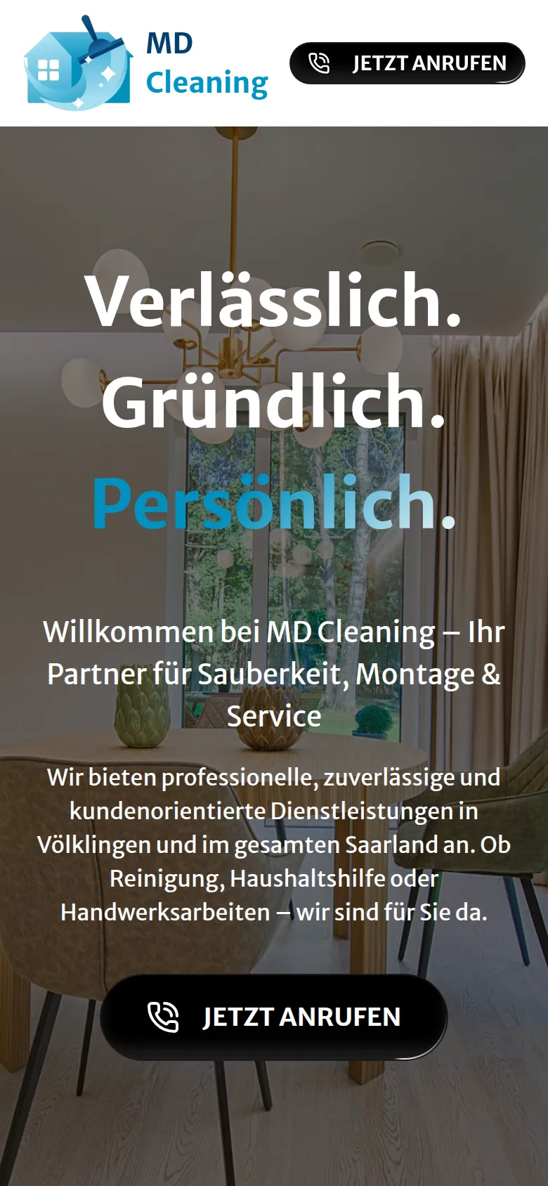 Dieselbe Startseite von mdcleaning-saar.de auf dem Handy.