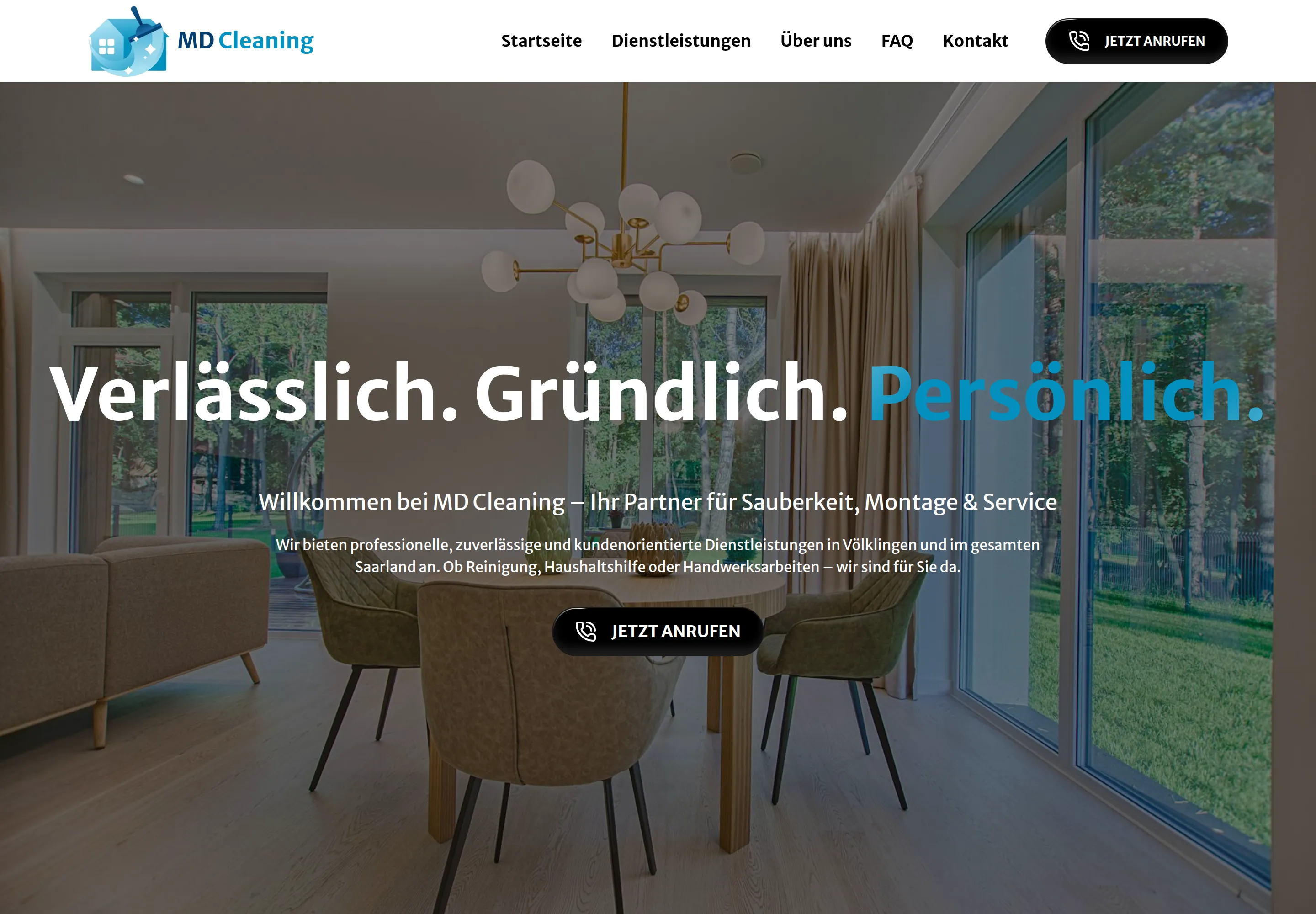 Startseite von mdcleaning-saar.de auf dem Desktop: Überschrift „Verlässlich. Gründlich. Persönlich.“, Reinigung, Montage und Service in Völklingen und im Saarland.