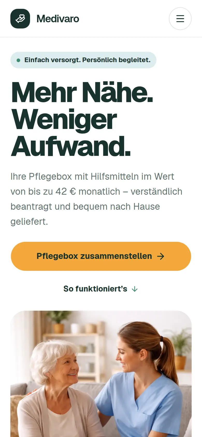 Dieselbe Startseite von medivaro-pflege.de auf dem Handy.