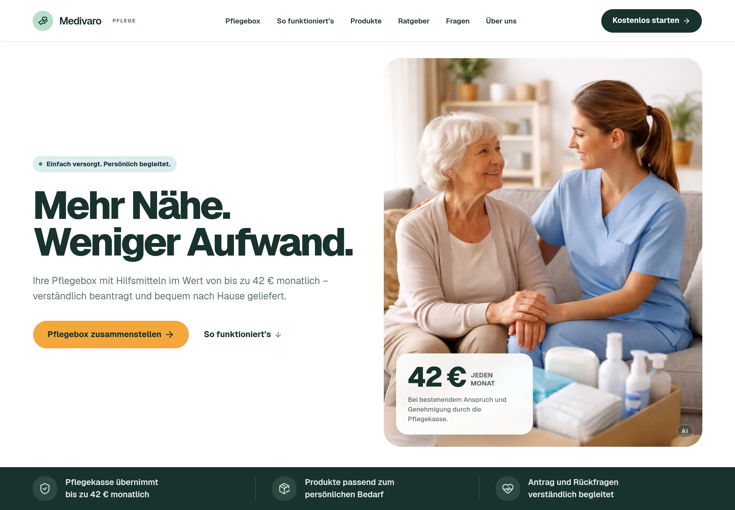 Startseite von medivaro-pflege.de auf dem Desktop: Überschrift „Mehr Nähe. Weniger Aufwand.“ und die Pflegebox mit Hilfsmitteln zum Beantragen.