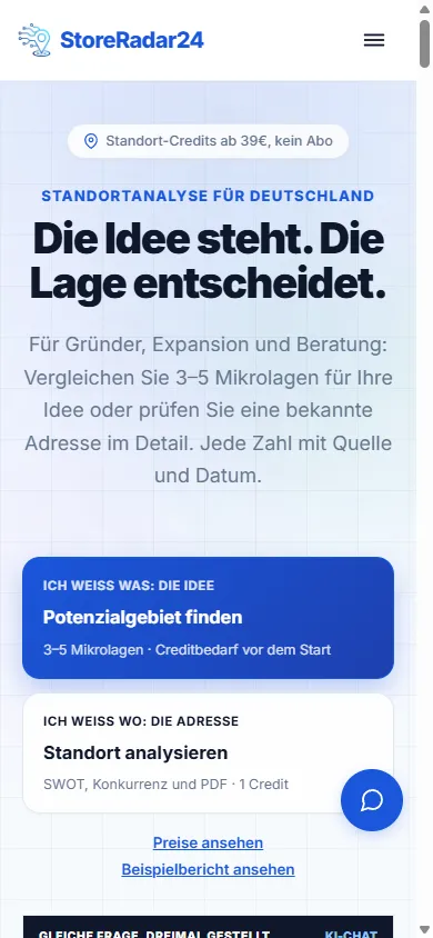 Dieselbe Startseite von storeradar24.de auf dem Handy.