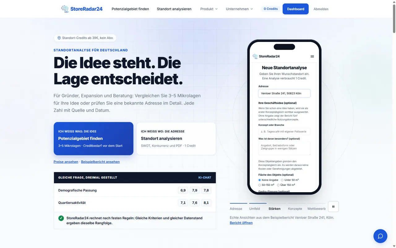 Startseite von storeradar24.de: „Die Idee steht. Die Lage entscheidet.“ mit den Einstiegen Potenzialgebiet finden und Standort analysieren.