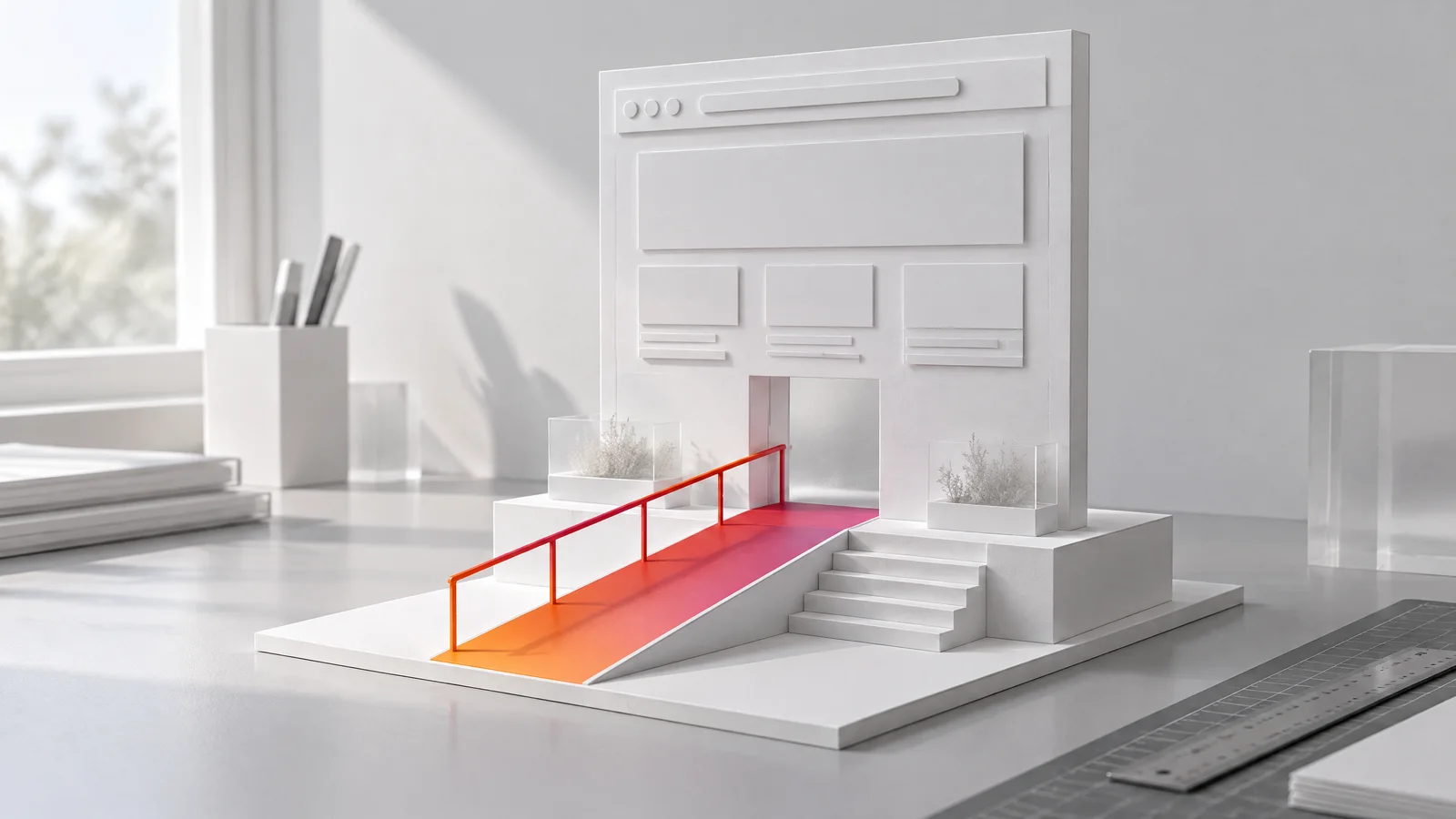Weißes Architekturmodell einer Website auf einem Sockel; eine sanfte Rampe mit Handlauf führt hinauf, nur die Rampe ist orange-magenta eingefärbt.
