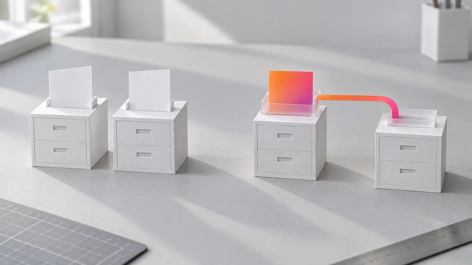 Weißes Papiermodell: links zwei Schränke mit doppelten, verschobenen Karten, rechts läuft eine einzelne orange-magentafarbene Karte direkt weiter.
