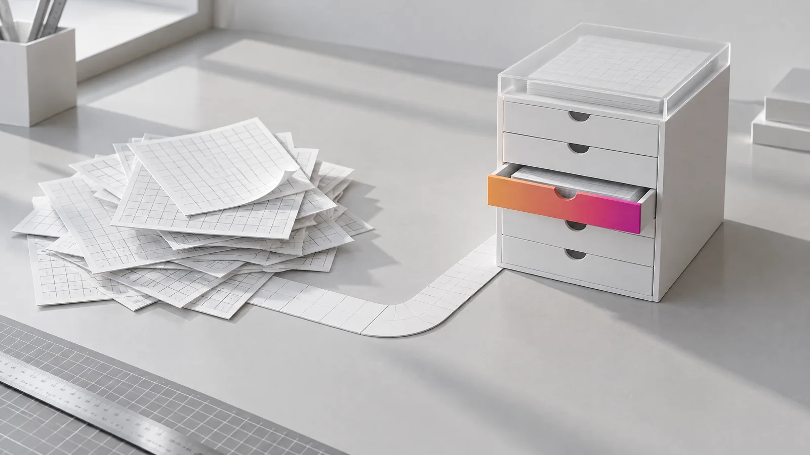 Weißes Papiermodell: ein Stapel überlappender Rasterblätter führt zu einem ordentlichen Karteischrank mit einer orange-magenta Schublade.