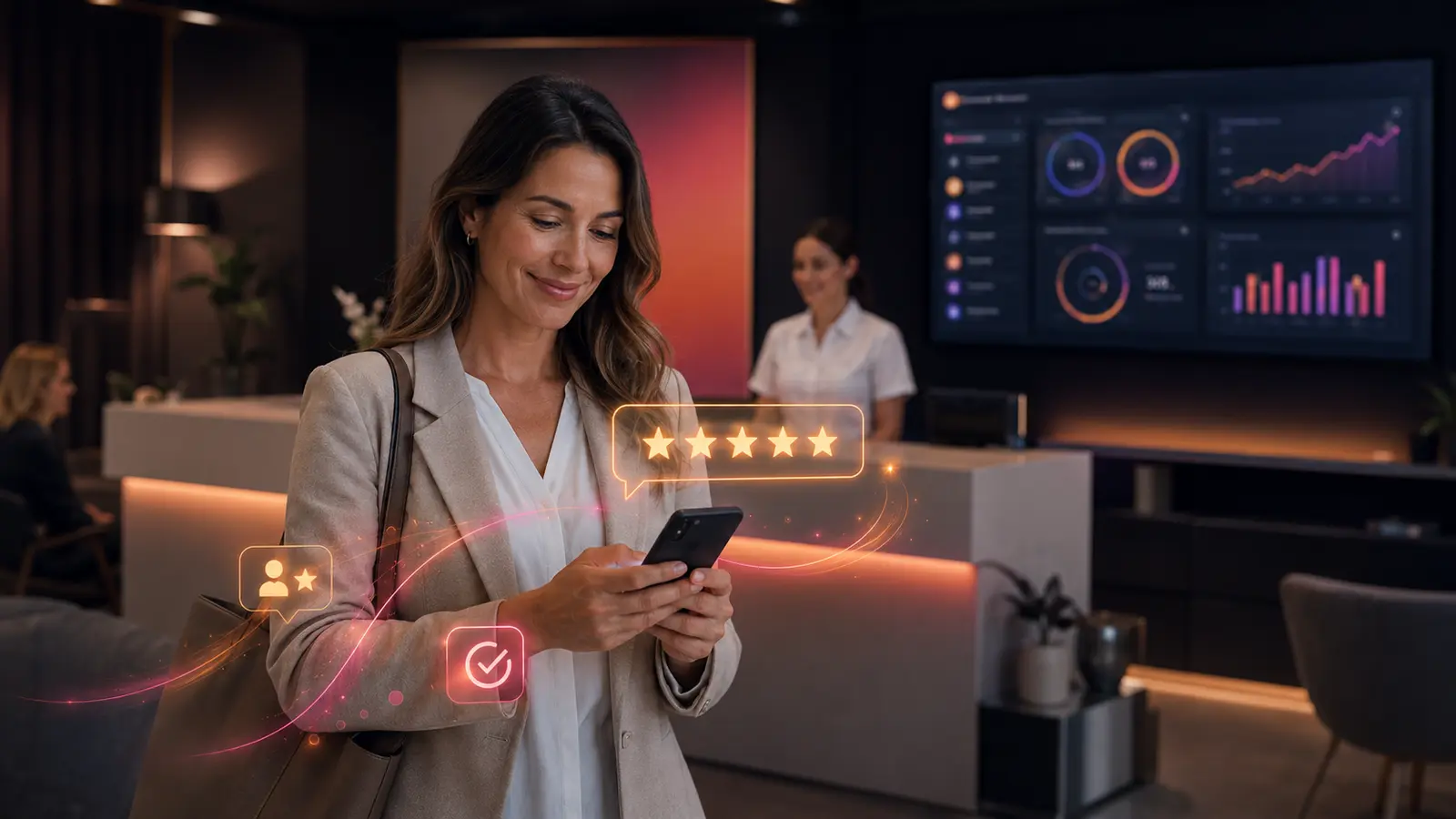 Kundin gibt nach einem Termin eine Fünf-Sterne-Bewertung über ihr Smartphone ab