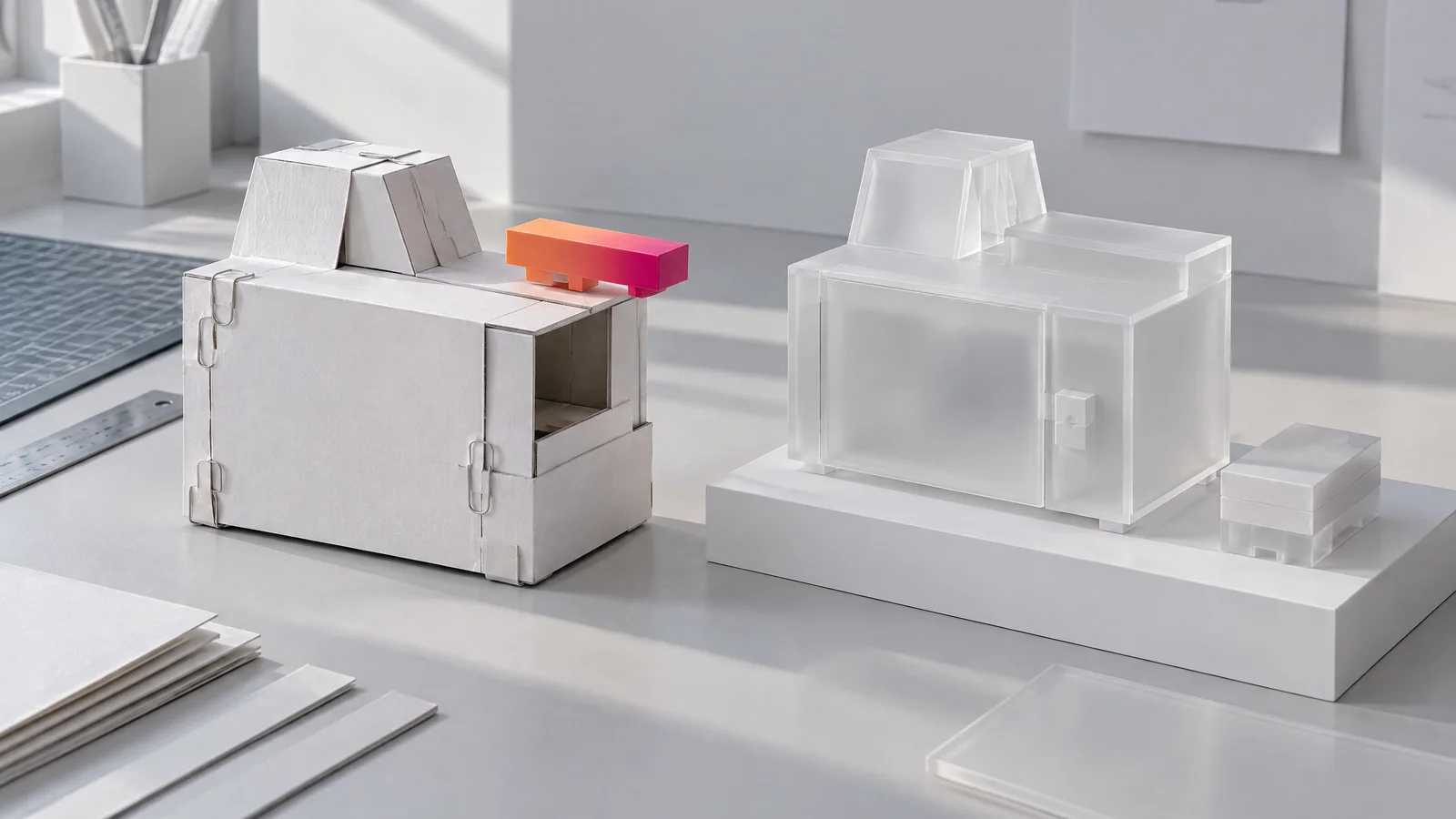 Ein geklebter Prototyp aus weißem Karton mit offenem Schlitz neben einer soliden Acrylversion mit Schloss; das letzte Bauteil ist orange-magenta.