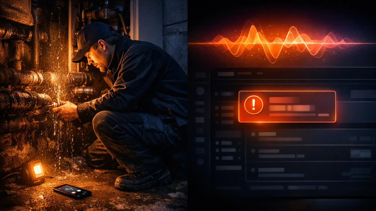 Blog-Titelbild: Handwerker auf der Baustelle, Telefon klingelt, KI-Dashboard nimmt den Notdienst-Anruf an