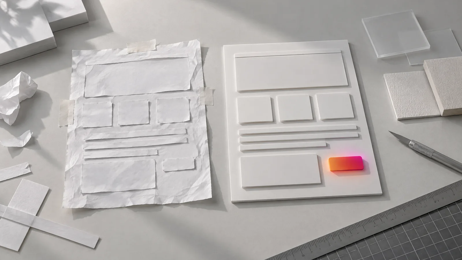 Ein grober Papierentwurf einer Website neben einem präzisen weißen Seitenmodell; nur dessen Handlungsbaustein ist orange-magenta hervorgehoben.