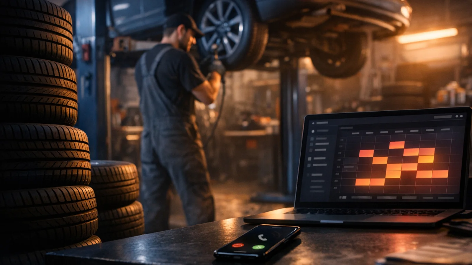 Blog-Titelbild: KFZ-Werkstatt in der Reifensaison, Mechaniker an der Hebebühne, KI bucht Termine im Kalender
