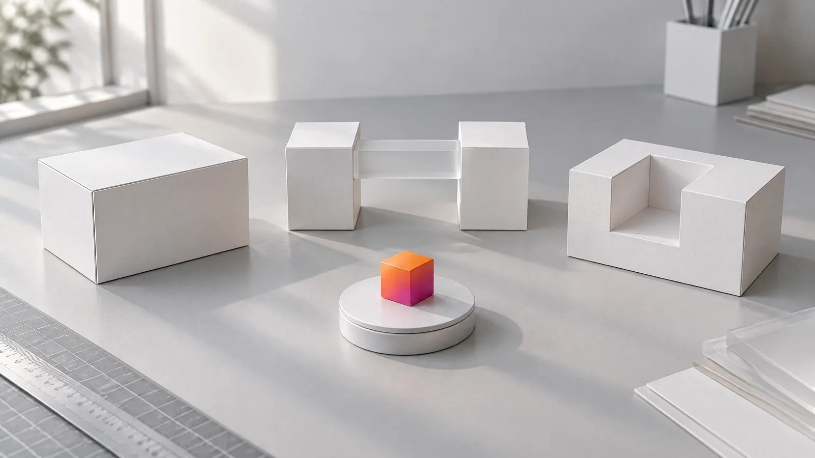 Ein orange-magenta Aufgabenbaustein steht vor drei weißen Optionen: Standardbox, zwei verbundene Module und eine individuell zugeschnittene Form.