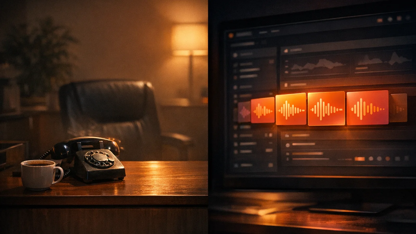 Blog-Titelbild: geteiltes Bild, links ein leerer Büroarbeitsplatz mit klingelndem Telefon, rechts ein Dashboard mit einem erfassten Anrufvorgang