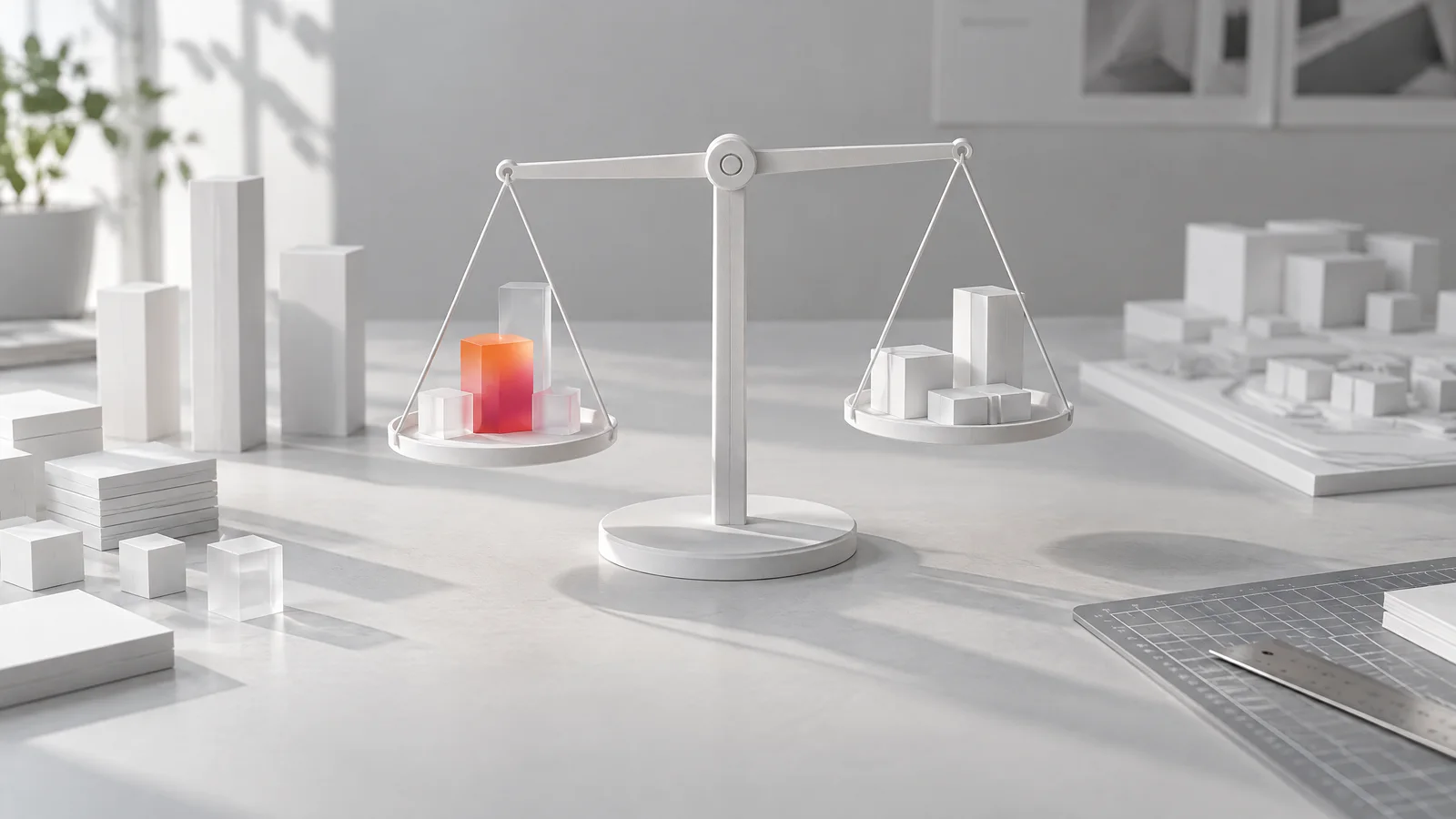 Weiße Funktionsbausteine verschiedener Größe und eine Balkenwaage; der kleine Kern auf einer Waagschale ist orange-magenta hervorgehoben