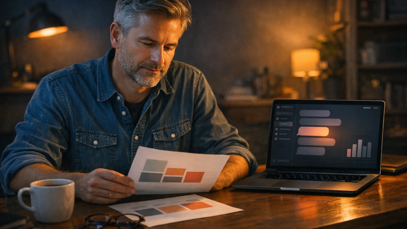 Unternehmerin vergleicht Kosten und Funktionen verschiedener KI-Chatbot-Angebote am Laptop