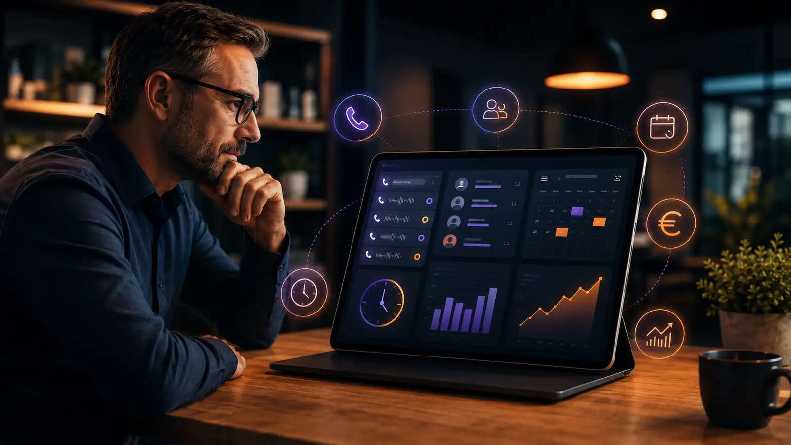 Unternehmer analysiert Kosten, Anrufe, Termine und Geschäftsergebnisse eines KI-Telefonassistenten auf einem Dashboard