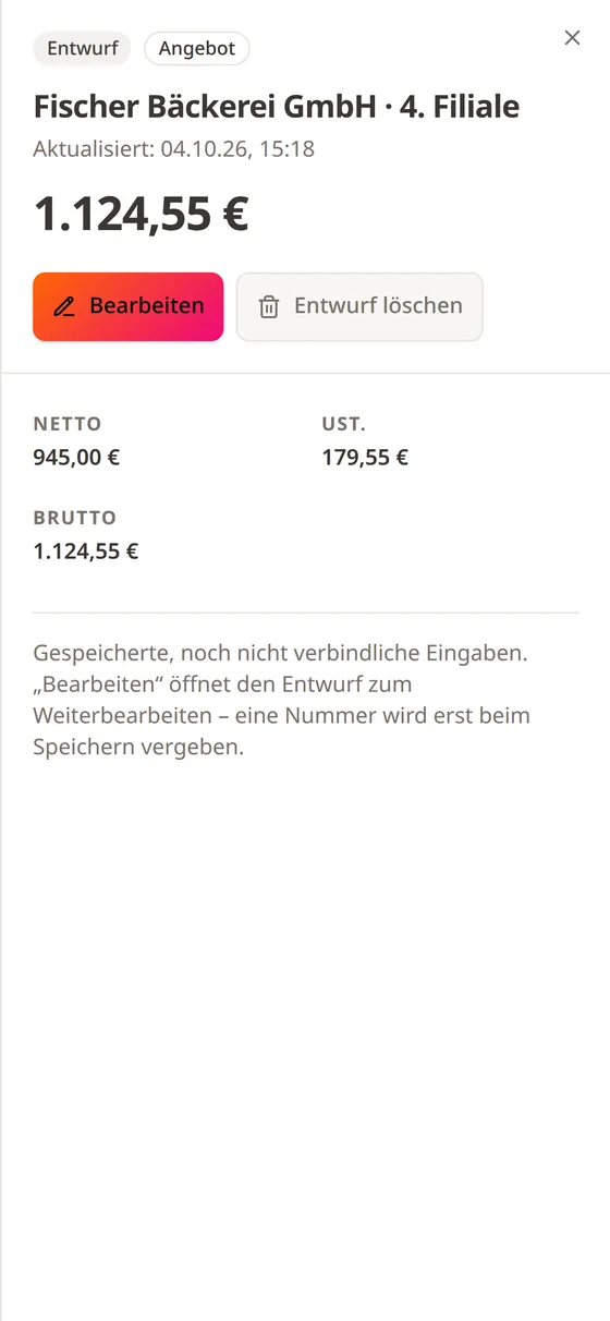 Griffi Zentrale auf dem Handy: Angebotsentwurf für die Fischer Bäckerei GmbH, 4. Filiale, über 1.124,55 Euro brutto, mit den Schaltflächen „Bearbeiten“ und „Entwurf löschen“