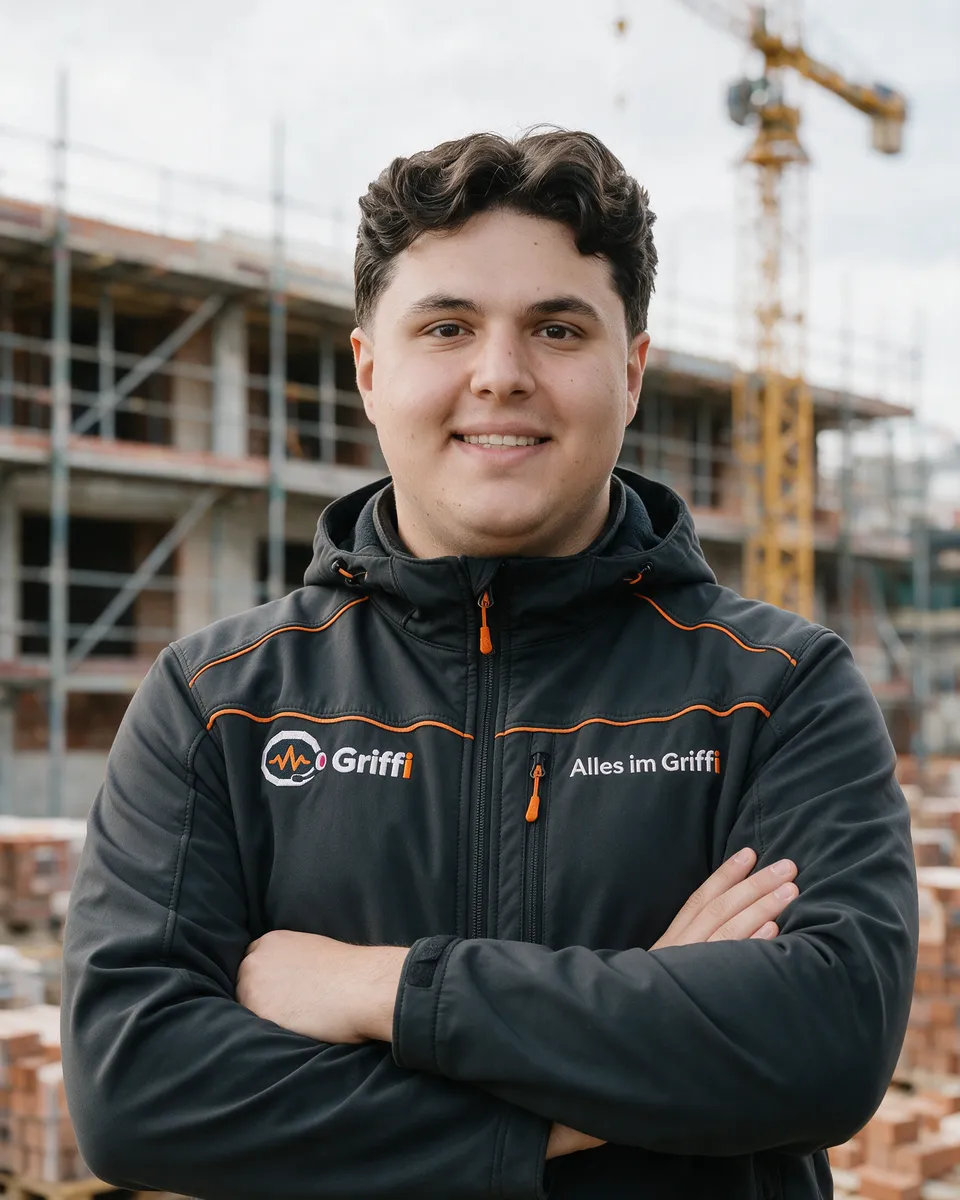 Tarik Ermis, Gründer von n3tz, in der Griffi-Jacke auf einer Baustelle (Bild bearbeitet)